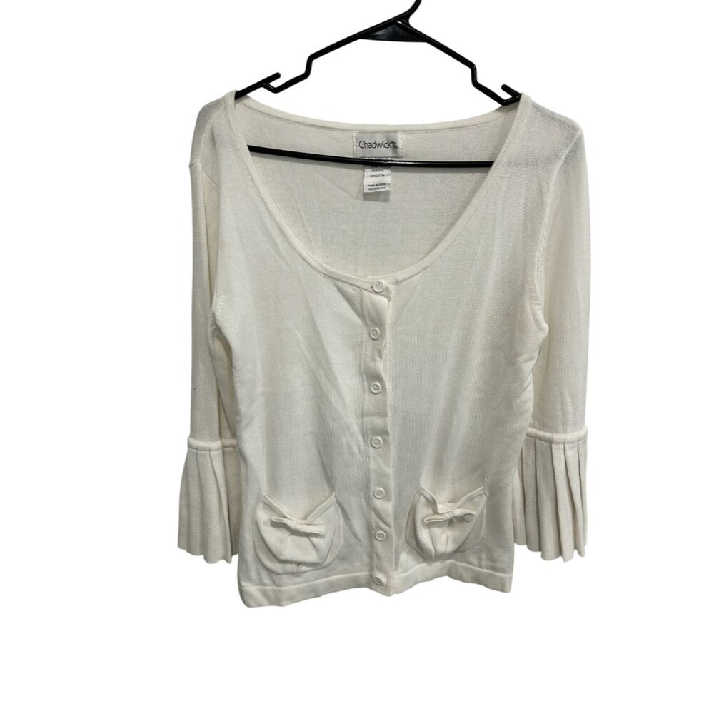Chadwicks Button Front Pleated Cuffs Cardigan Sweater Off White Sz Medium Cozy
